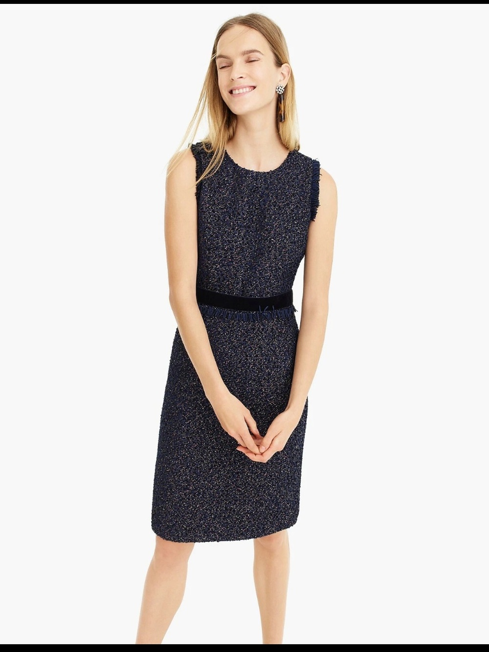 J. Crew Textured Navy Tweed Midi Dress with Velvet Trim